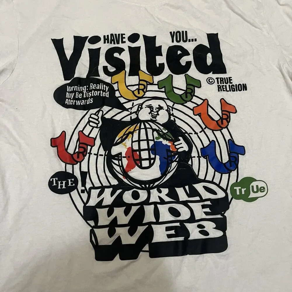 True Religion Mens XL White Distorted World Wide Web Graphic T-Shirt Buddha Tee